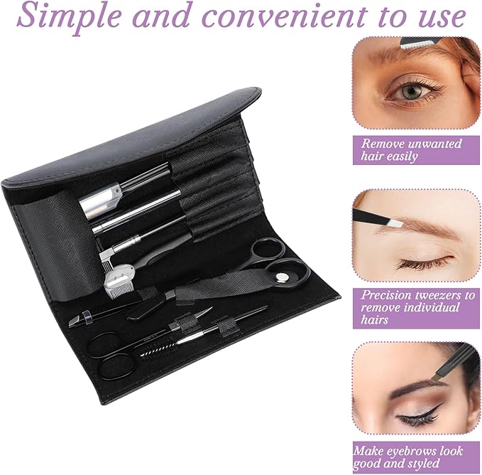 Professional Eyebrow Shaping Grooming Kit,8PCS/SET Eyebrow Grooming Kit with Leather Bag Eyebrow Trimming Kit With Razor Eyebrow Scissors Eyebrow Brush for Women & Men(Black)