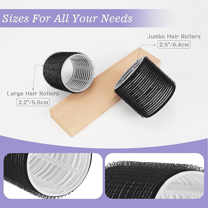 6Pcs 64mm Jumbo Hair Rollers & 6Pcs 55mm Large Hair Rollers, Large Rollers for Long Hair, Women with 12 Hair Clips, Storage Bag -Black