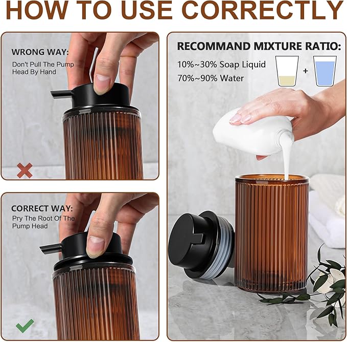 Foaming Soap Dispenser, Amber Glass Foam Hand Soap Dispenser for Bathroom, 11 Fl Oz Ribbed Refillable Foaming Pump Bottle with Black Pump, Modern Dish Soap Foam Dispenser