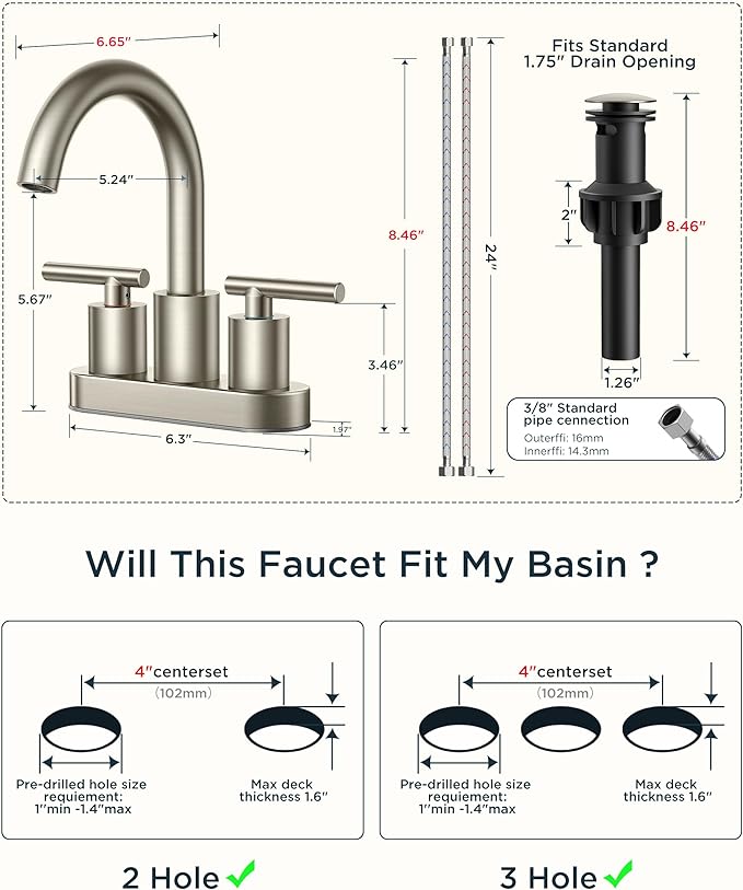 FORIOUS Brushed Nickel Bathroom Faucet 2 Hole, 4 Inch Centerset Bathroom Sink Faucet Brushed Nickel with Pop-up Dain, 24" CUPC Hoses, 360° Swivel Gooseneck for RV Basin
