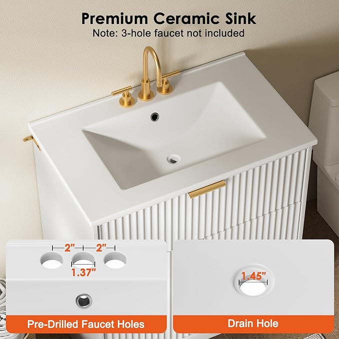 Amada 30'' Bathroom Vanity with Ceramic Sink, Modern Undermount Vanity Sink Cabinet with 2 Doors and 1 Drawer, Fluted Free Standing Bathroom Storage Cabinet with Sink Combo Set, White