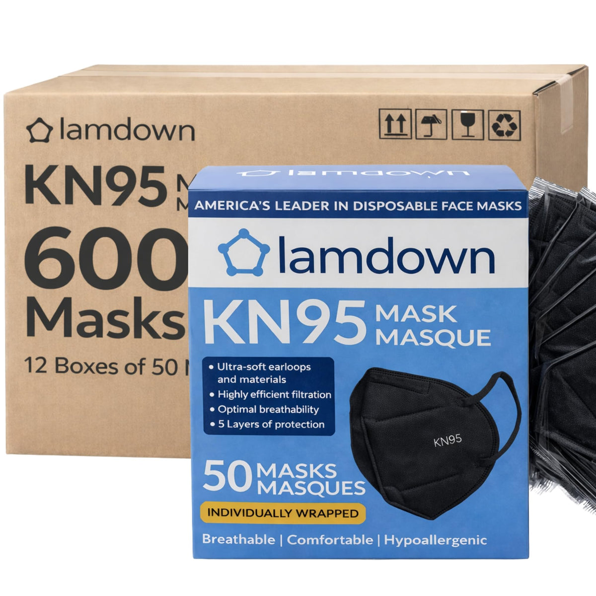 (50-Pack) KN95 Face Masks, Individually Wrapped, Premium Disposable Dust Mask, Black