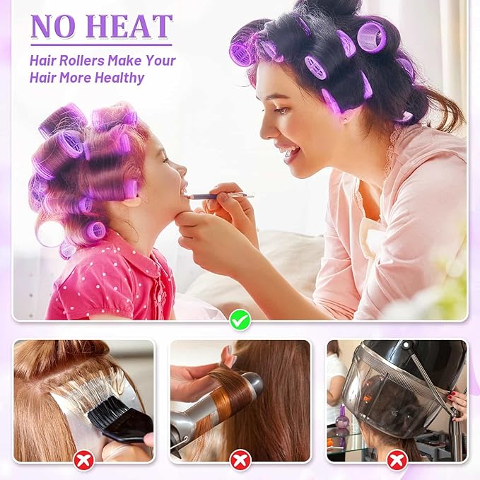 Acejoz Hair Rollers, 12Pcs Large Self-Grip Hair Curlers with 12Pcs Stainless Steel Duckbill Clips, for Long Medium Thick Hair Volume (Purple)