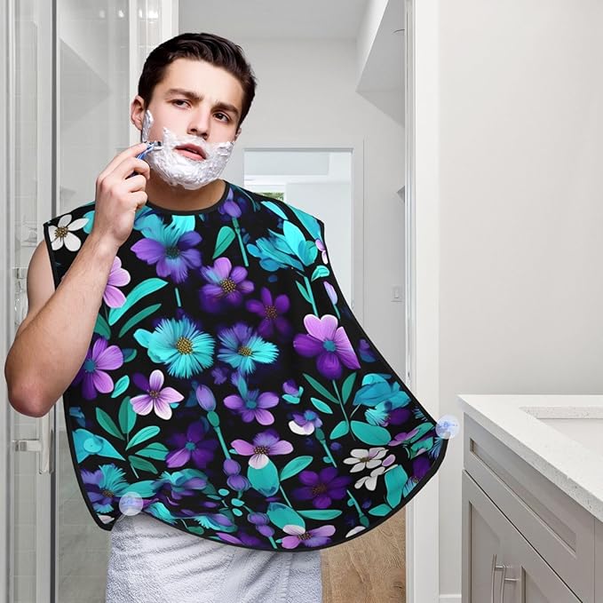 Purple And Teal Flowers Print Beard Bib Shaving Apron, Beard Hair Trimming Cape Gift For Dad