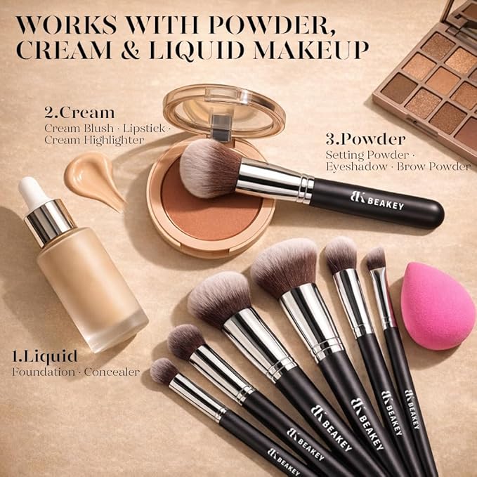 BEAKEY Makeup Brush Set, 13 Pcs with Case, 10 Brushes and 2 Sponges