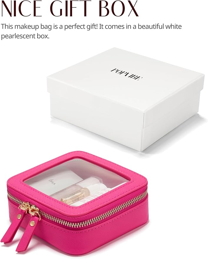 Popvibe Mini Makeup Bag Clear Small Travel Cosmetic Case Leather Cute Hot Pink Pouch for Purse Organizer Make Up Bag for Women Car Toiletry Bag with Zipper for School