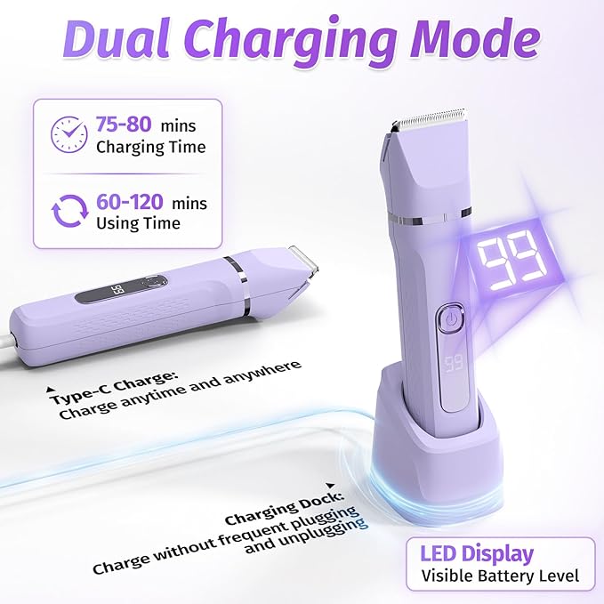 Bikini Trimmer for Women,5-in-1 Electric Razors for Women,Electric Shaver for Women's,IPX7 Waterproof Trimmer for Men Legs,with 5 Replaceable Blade Heads,USB Recharge Dock（Purple）