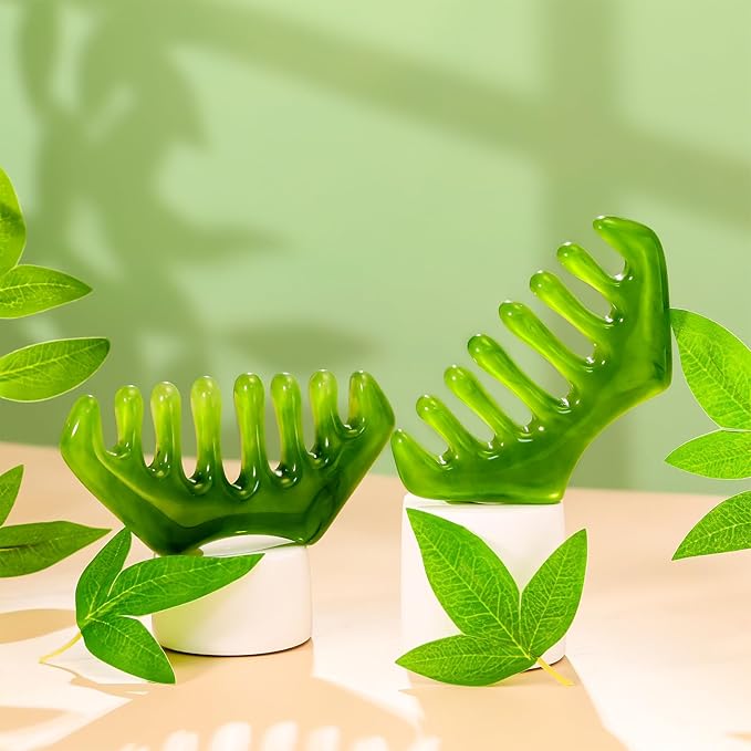 Geiserailie 2 Pcs Jade Combs Esthetician Supplies Massage Stone Hair Gua Sha Scraping Scalp Comb Facial Massage Tool Handheld Head Tools Head Caring Therapy Mother's Day for Women(Dark Green Style)