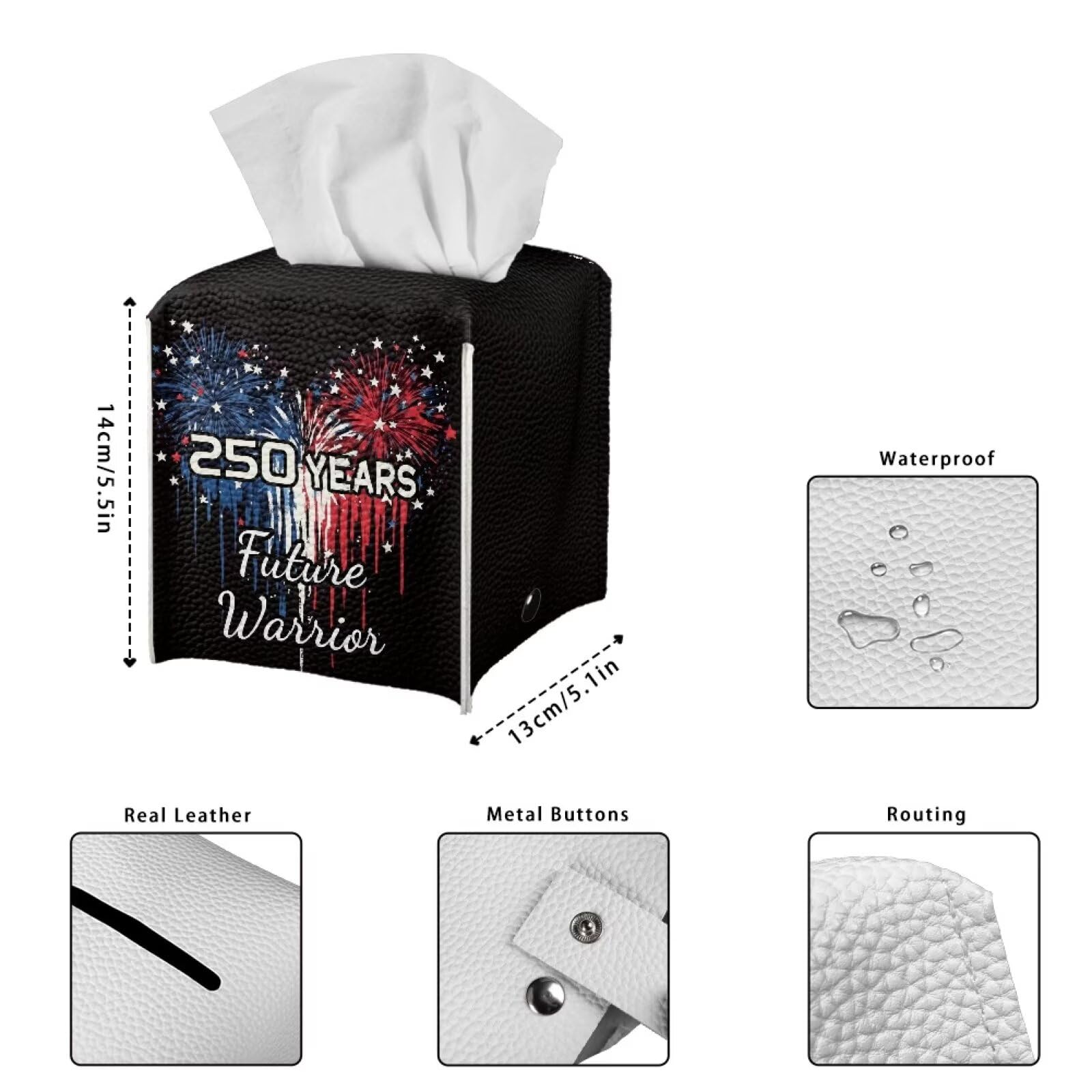 Pzuqiu 250 Years Liberty Tissue Box Holder Square PU Leather Tissue Organizer Case with Metal Button Waterproof Napkin Holder for Home Office Car Automotive Decor