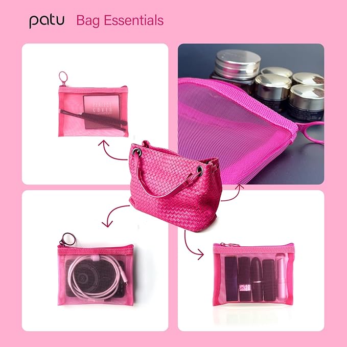 Patu Mini Zipper Mesh Bags, 4" x 5", Size S / A7, 5 Pieces, Beauty Makeup Lipstick Cosmetic Accessories Organizer, Small Travel Kit Storage Pouch, Pink