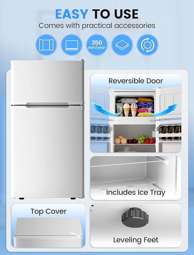 COWSAR 2.5 Cu.Ft Mini Fridge with Freezer, Double Reversible Door Compact Apartment Refrigerator with 2 Removable Shelves, Commercial Dorm Fridge for Bedroom, Office, Kitchen, Dorm, White