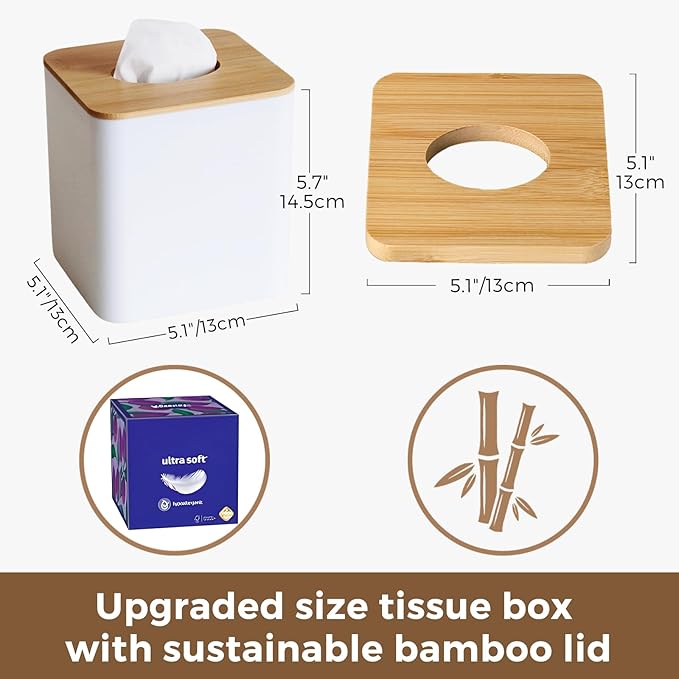 Tissue Box Cover Square, Modern White Facial Tissue Holder with Bamboo Lid