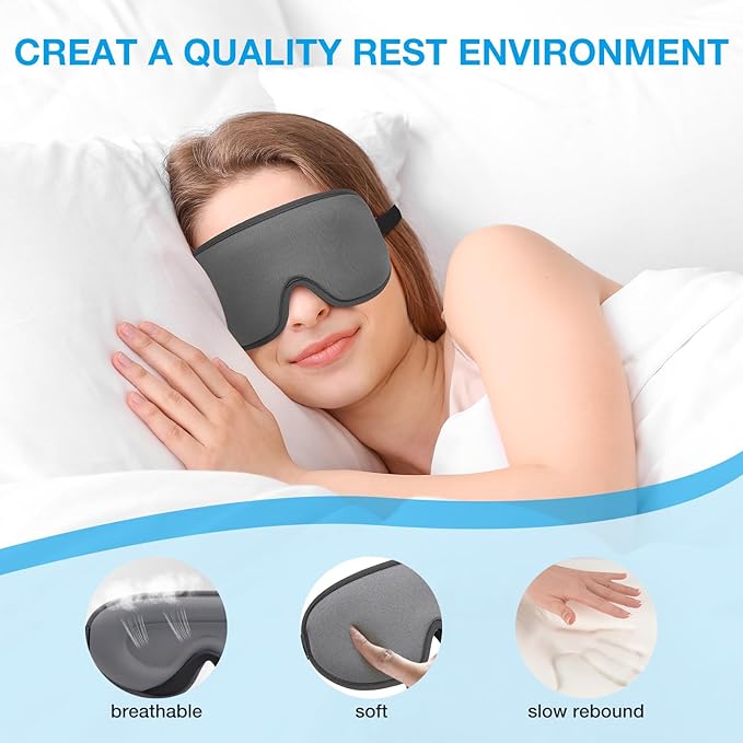 LYSIAN 3D Sleep Mask for Side Sleepers, Blackout Eye Mask with No Pressure on Eyes, Adjustable Comfortable Blindfold with 5 Pairs of Ear Plugs for Sleeping, Travel, Nap, Silver Grey