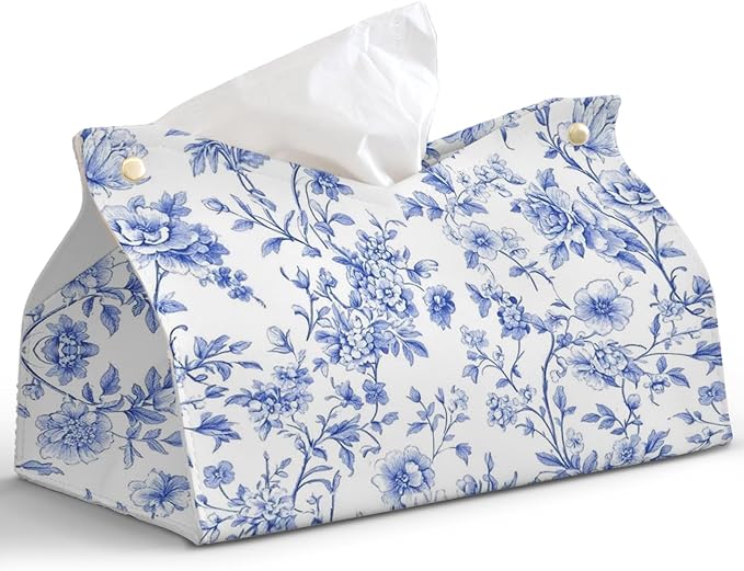 Light Blue Chinoiserie Tissue Box Cover Rectangle,Blue and White Floral Toilet Paper Box Holder,PU Leather Decorative Facial Paper Case for Bathroom Kitchen Office Desk,9.8x5.9x5.9