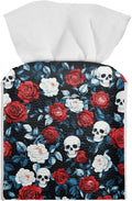 Red Rose Skull Modern Tissue Box Holder, Waterproof Square PU Leather Napkin Case with Metal Button Closure, Decorative Tissue Cover Organizer for Vanity, Desk, Car, and Living Room