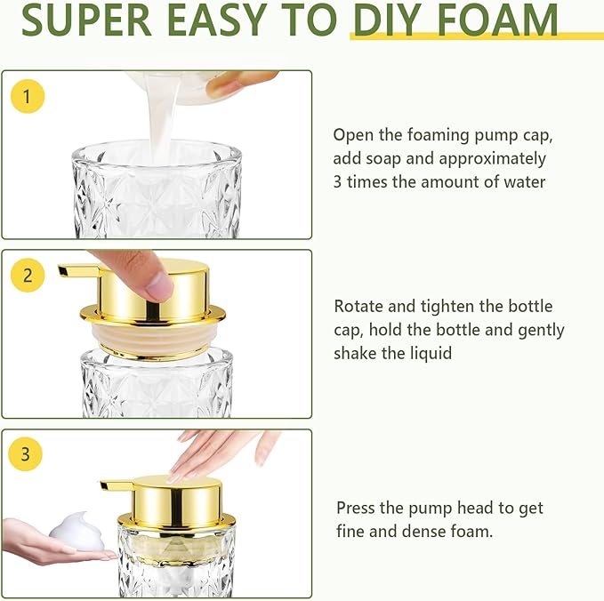 Abriclo Glass Foaming Soap Dispenser 2 Pack Refillable Foaming Hand Soap Dispenser with Gold Large Pump Wide Opening for Bathroom Kitchen Countertop Modern Home Decor with Elegant Pattern, Transparent