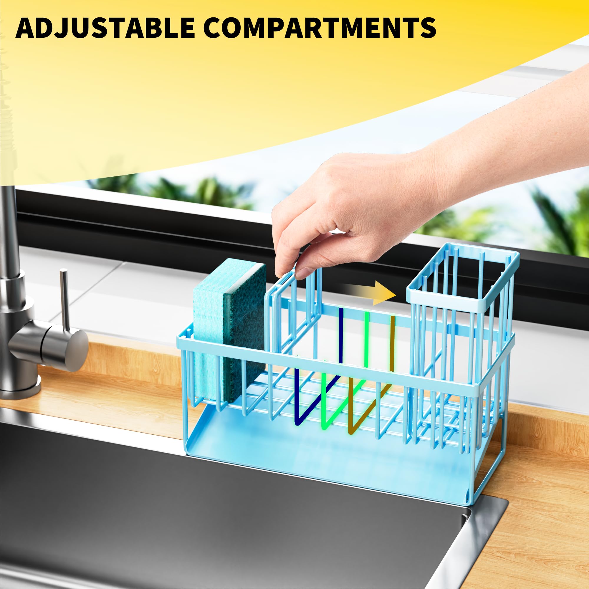 Cisily Blue Kitchen Sink Caddy Organzier with High Brush Holder, Sponge Holder for Sink, 304 Rustproof Stainless, Kitchen Countertop Soap Dispenser Organizer, Blue Home Decor and Accessories