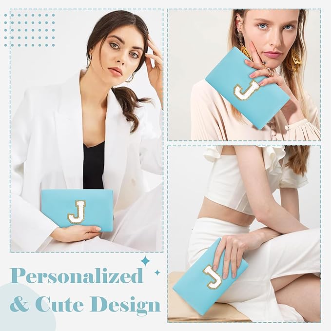 Small Personalized Initial A-Z Preppy Patch Makeup Bag,PU Chenille Letter Travel Cosmetic Pouch with Zipper,Blue Cute Toiletry Bag,Gift Ideal for Teen Girls Women Teacher Bridesmaid,Letter J