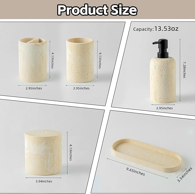 WUUAHOME Bathroom Accessories Set, Travertine Stone-Look, 6 PCS, Yellow