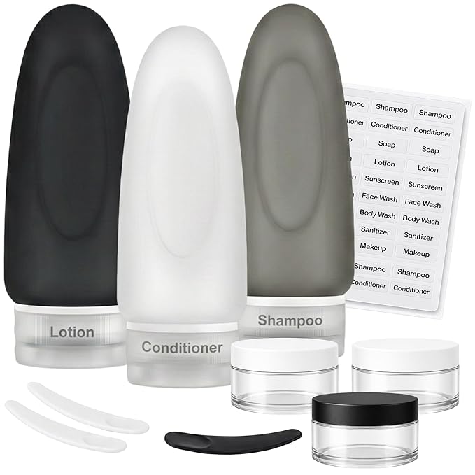 Dot&Dot Leak Proof Travel Bottles - Tubes for Liquid TSA Approved 3oz 10pc Silicone Toiletries Travel Shampoo & Conditioner Containers with Labels
