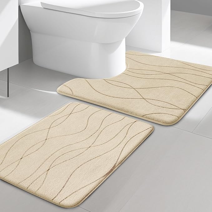 YIHOUSE Bathroom Rugs Set 2 Piece, Memory Foam Bath Mat Khaki