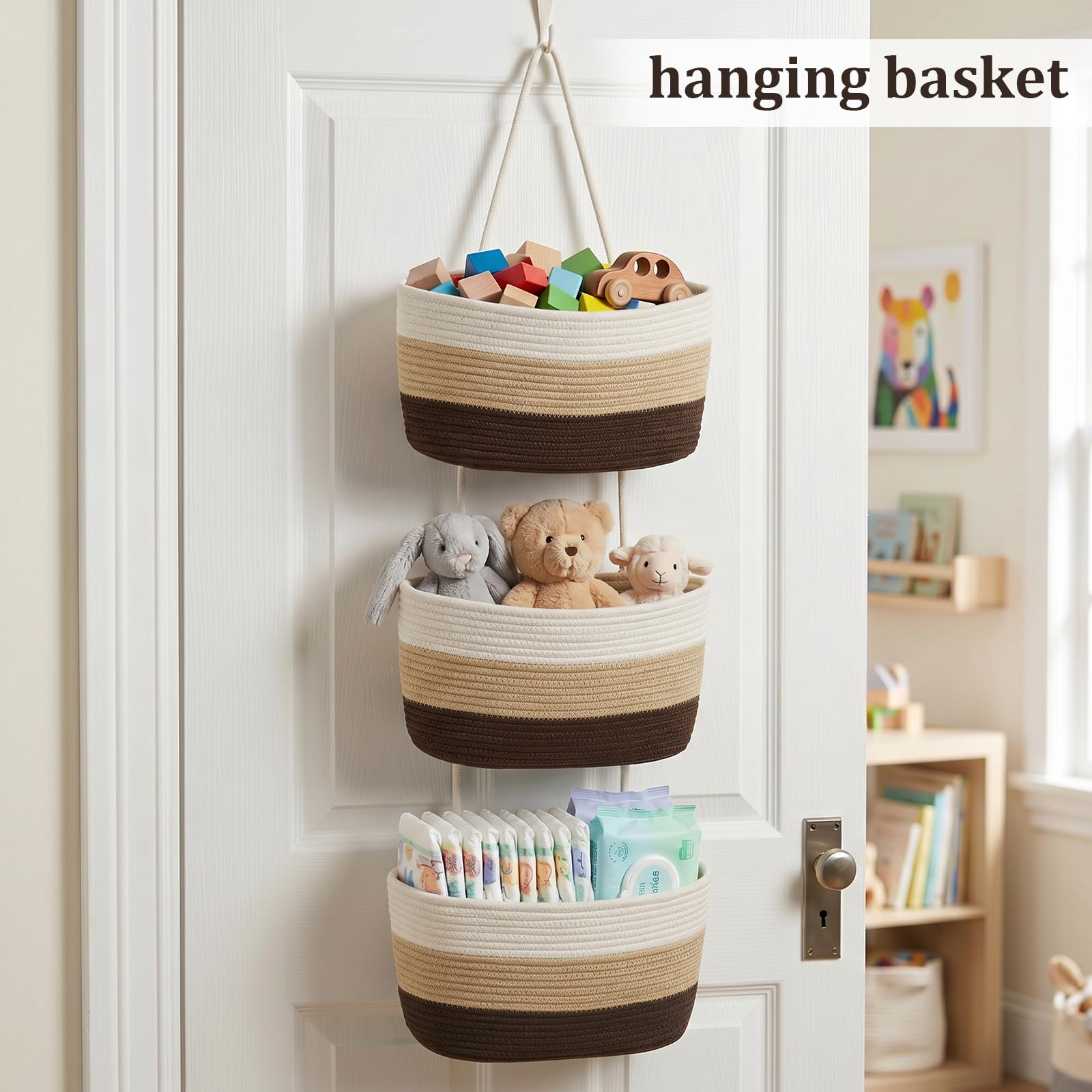 TeoKJ Over the Door Hanging Basket, 3-Tier Woven Cotton Wall-Mounted Storage Organizer Bag Decorative Hanging Nursery Baskets，Gradient Brown
