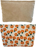 RIKMOXR 2 large makeup bags Women's Corduroy Canvas Makeup Bag, Travel Makeup Bag, Wallet Organizer, Khaki and Orange Flower Pattern