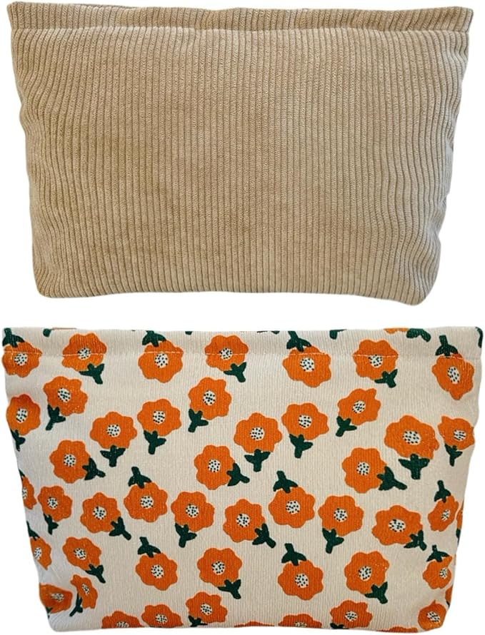 RIKMOXR 2 large makeup bags Women's Corduroy Canvas Makeup Bag, Travel Makeup Bag, Wallet Organizer, Khaki and Orange Flower Pattern