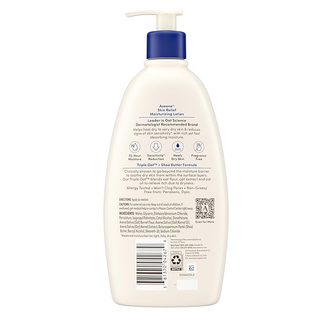Aveeno Skin Relief Moisturizing Body Lotion Heals Very Dry, Sensitive Skin, Fast Absorbing Lotion with Soothing Triple Oat & Shea Butter Formula, Fragrance Free Lotion, Non-Comedogenic, 18 Fl Oz