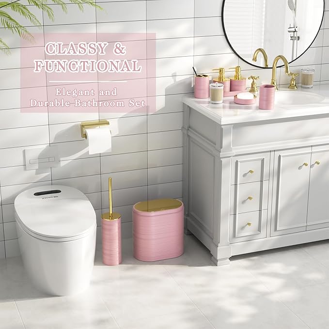 InnJoey Bathroom Set, 10PC Bathroom Accessory Set, Pink Bathroom Accessories, Pink and Gold Bathroom Set with Trash Can, Soap Dispensers