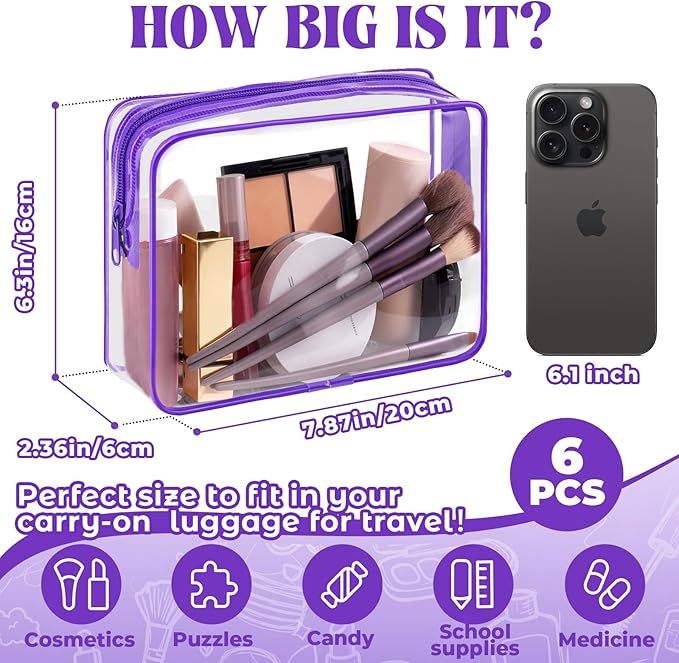 CHICAUP 6 Pieces Clear Makeup Bags Bulk TSA Approved Toiletry Bag for Travel PVC Waterproof Clear Cosmetic Pouch with Zipper for Men and Women Carry-on Travel Essentials (Purple)