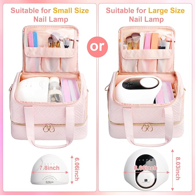 Veirdro Nail Polish Organizer Bag Holds 80 Bottles (15ml/0.5fl.oz)& Nail Lamp, Soft Velvet Nail Kit Storage Carrying Case with Shoulder Strap, Double Layer Nail Supplies Organizer Handbag Women (Pink)