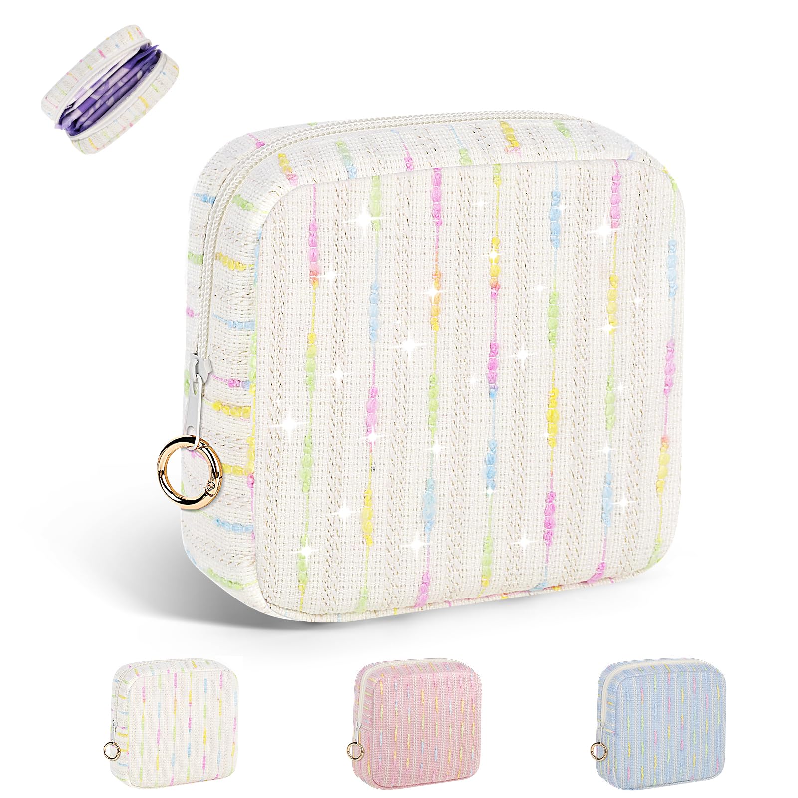Playexen Period Bag for Teen Girls, Colorful Lines Sanitary Napkin Storage Bag, Menstrual Pad Pouches Tampon Holder for Purse (White)