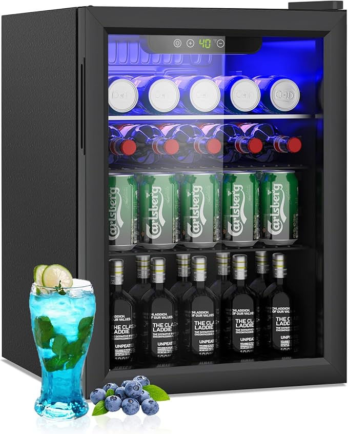 DOGHLY 2.6 Cu.ft Beverage Refrigerator Cooler, 95 Can Mini Fridge with Glass Reversible Door, Digital Temperature Display for Soda, Beer or Wine For Office or Bar with Adjustable Removable Shelves