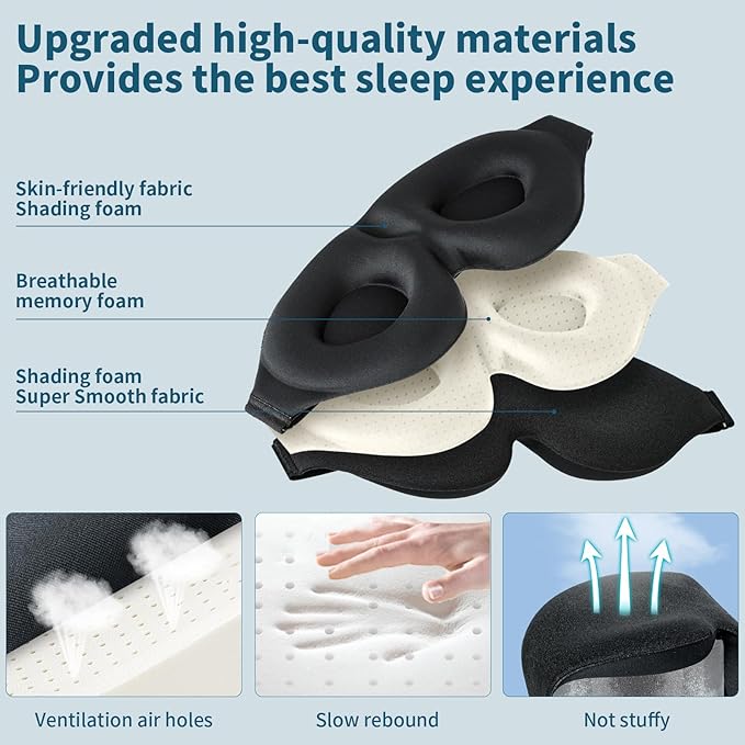 ZGGCD Sleep Mask for Side Sleeper, Light Blocking Sleeping Eye Mask for Women Men, 3D Contoured Cup Night Blindfold, Luxury Eye Cover Eyeshade with Adjustable Strap for Travel, Nap, Black