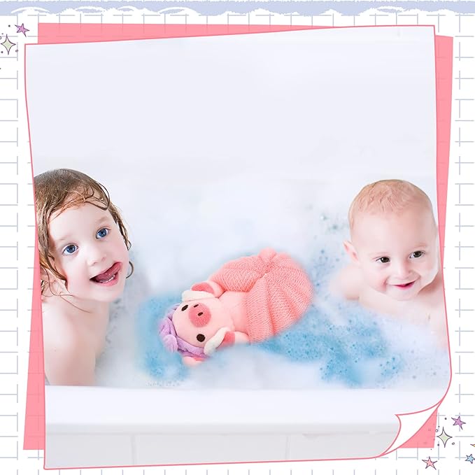 Vesici 2 Pcs Loofahs for Kids Children's Bath Loofahs Girls Toddler Cute Cartoon Bath Sponges Loofah Pouf Body Scrubber Mesh Sponges for Shower Washing Exfoliating(Pig,Cow)