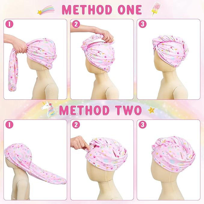 2 Pack Kids Microfiber Hair Drying Towel Wrap - Unicorn Hair Drying Turban for Girls & Women - Rapid Drying