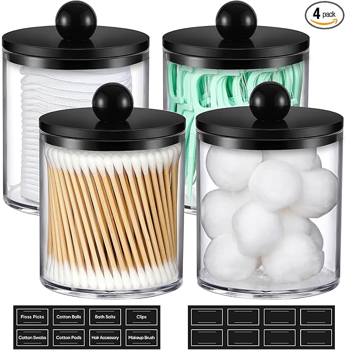 2 Pack Acrylic Qtip Holder Dispenser for Cotton Swabs, Balls, Pads, Floss - Plastic Canister Apothecary Jar Set, Bathroom Essentials Accessories Decor Vanity Makeup Storage Organizer - Clear & Black