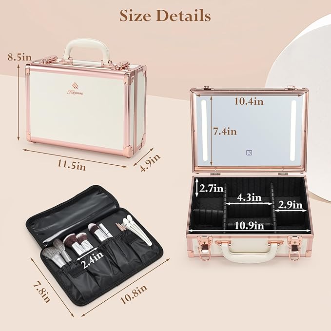 Faquenc Makeup Train Cases with Light Up Mirror 3 Color Setting, Lighted Makeup Case Organizer with Detachable Tray, Travel Makeup Box with Light for Make up Tools Storage (White & Gold)