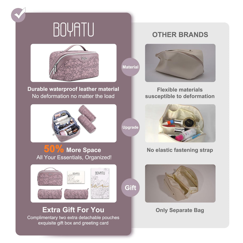 BOYATU Travel Makeup Bag Cosmetic Bags for Women: Large Capacity 3 Pcs Set Make up Bag with Compartments - Waterproof Vegan Leather Toiletry Organizer Bags with Handle (Z-64Purple)