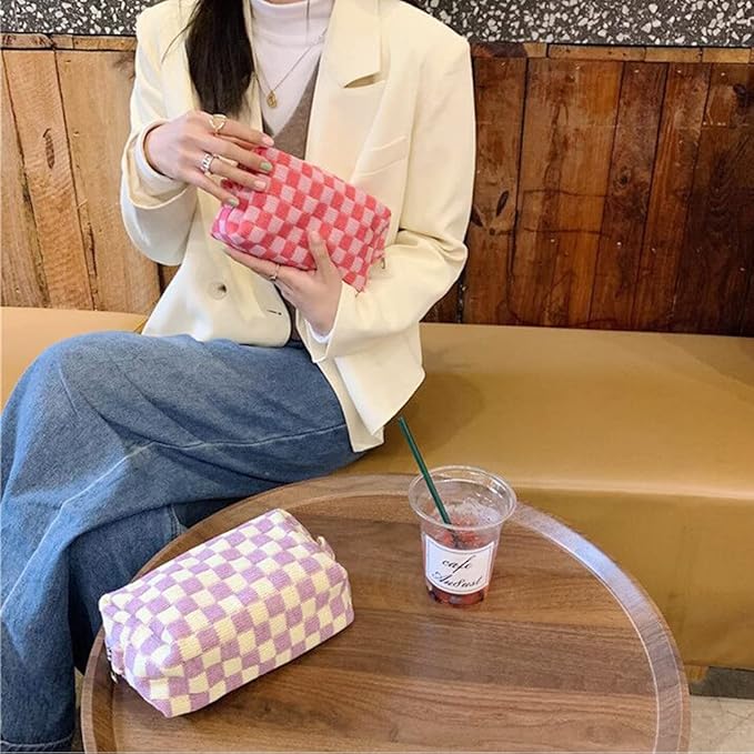 SxoSyo 2 Pcs Checkered Cosmetic Bags, Small Makeup Bag Purse, Pink