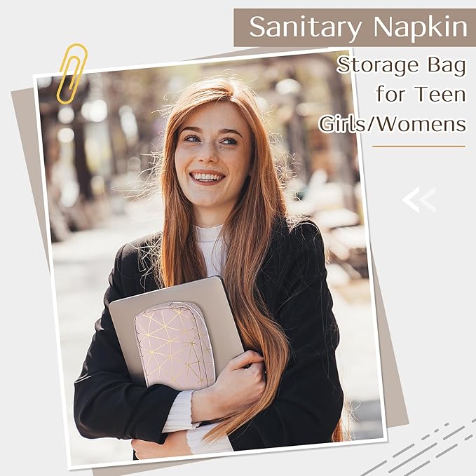 Period Bag for Girls Womens, Leather Sanitary Napkin Storage Bag, Portable Menstrual Pad Bag Period Pads Pouch (Pink Gold)