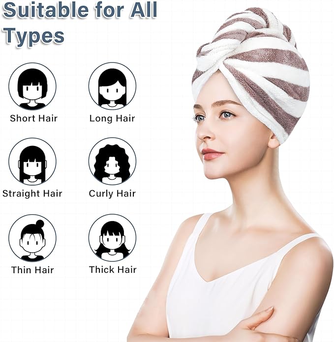 Microfiber Hair Towel Wrap, Quick Dry Hair Turbans with Button, Ultra Soft Thickening Coral Fleece Dry Hair Cap, Anti Frizz Hair Turban Towel for Curly Long Thick Hair