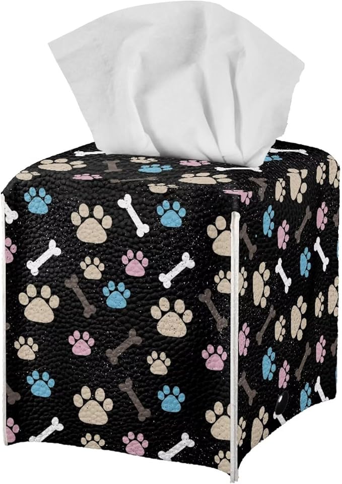 White Dog Paws Tissue Box Holder Portable Lightweight Square Tissue Box Cover Holder with Metal Button Waterproof Napkin Case for Home Office Car Automotive Decor