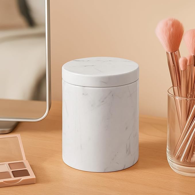N NANSHOP Natural Marble Canister, Cotton Swab Holder with Lid, High Capacity Bathroom Qtip Holder Storage for Cotton Swab, Floss Picks, Makeup Pad, Bath Salt, Jazz White(NS020)