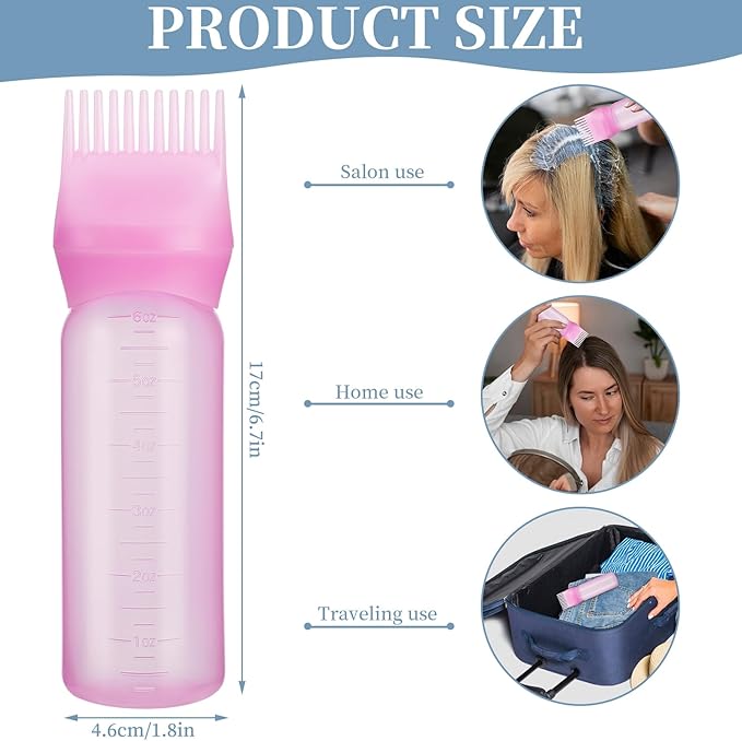 Pimoys 6Oz Root Comb Hair Dye Oil Applicator Bottles for Scalp, Pink