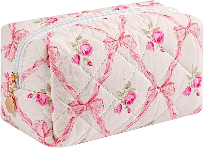 HHQQWZ Travel Makeup Bag, Cosmetic Bag for Women Girls, Floral Flowers Toiletry Organizer, Portable Storage Bag, Pink Bowknot/Gold Zipper