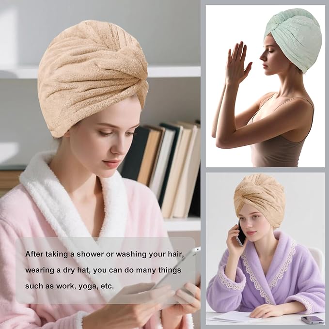 Microfiber Hair Drying Towel Wrap for Women, Hair Turbans Towel for Wet Hair,turbie Twist Hair Towels(The Color of the Picture is for Reference only) (Brown,Light Green)