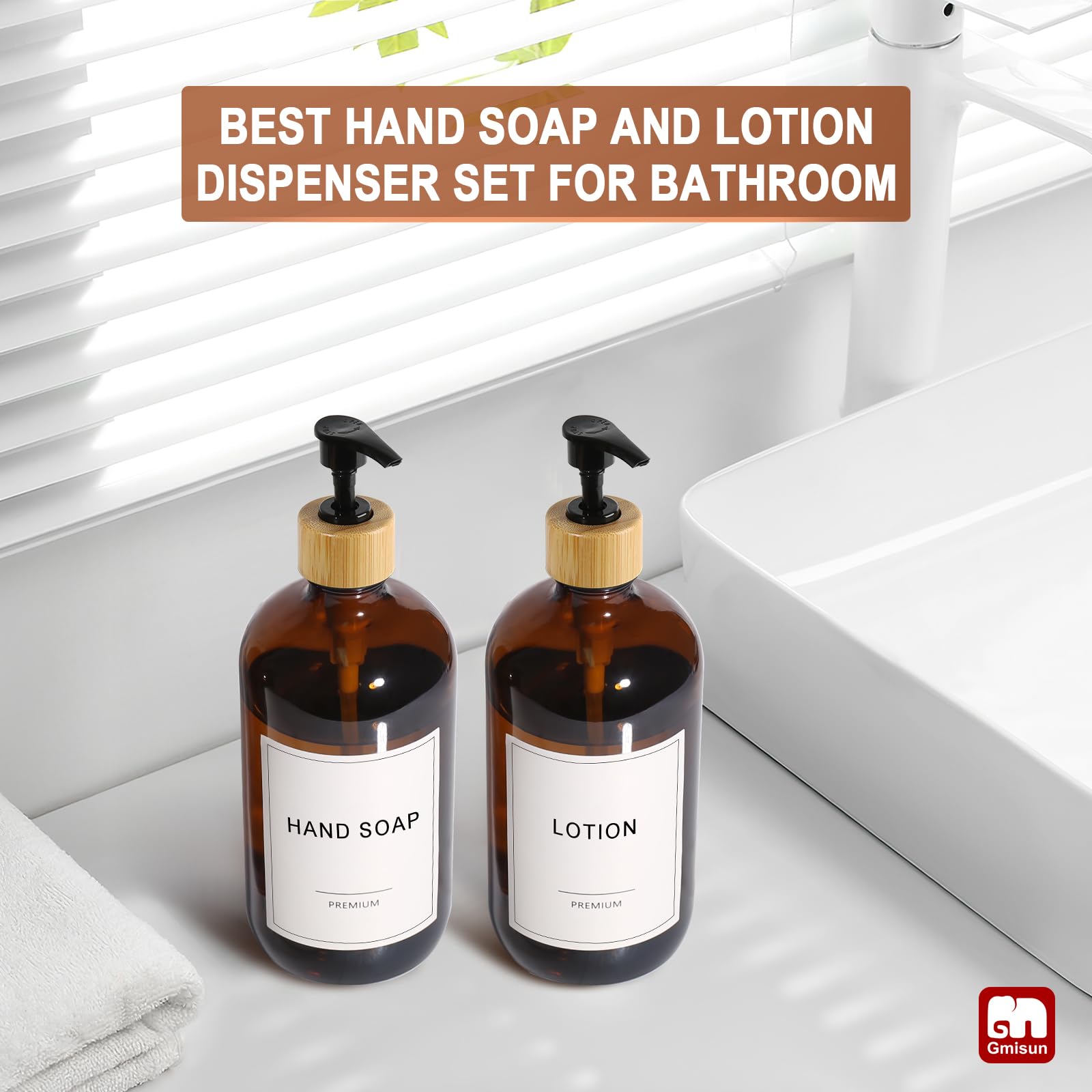 GMISUN Amber Glass Soap Dispenser, 2 Pack Bathroom Hand Soap Dispensers with Bamboo Pump, 17 Fl Oz Kitchen Hand and Dish Soap Dispenser Set, Modern Vintage Liquid Brown Soap Dispensers Bottle