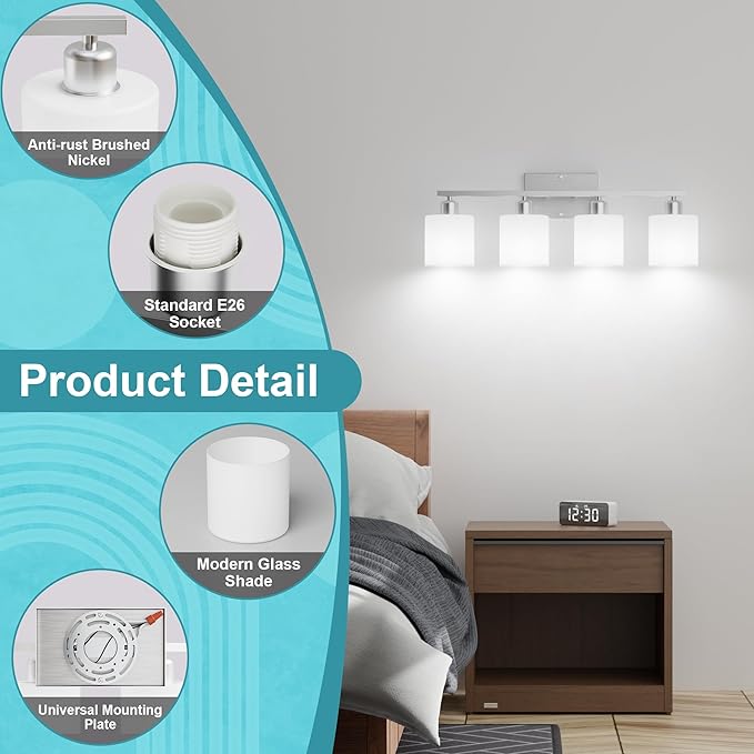 Dekang Bathroom Lights Over Mirror Brushed Nickel, Anti-Rust 4-Light Bathroom Vanity Light Fixtures, Modern 24Inches Wall Sconces E26 Base, Milky White Glass Shades, Bulbs Not Included